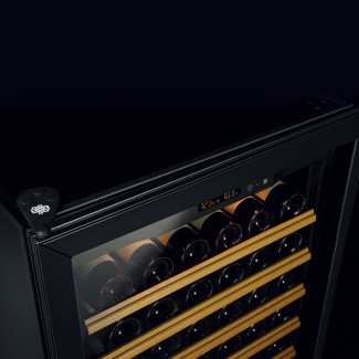 Wine fridge with glass door and black aluminum frame