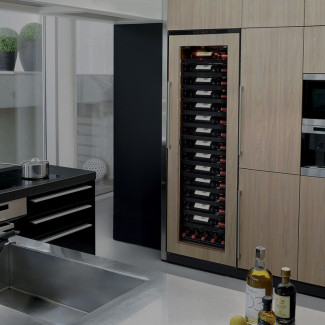 Wine cooler with technical glass door for mounting a custom cabinet front