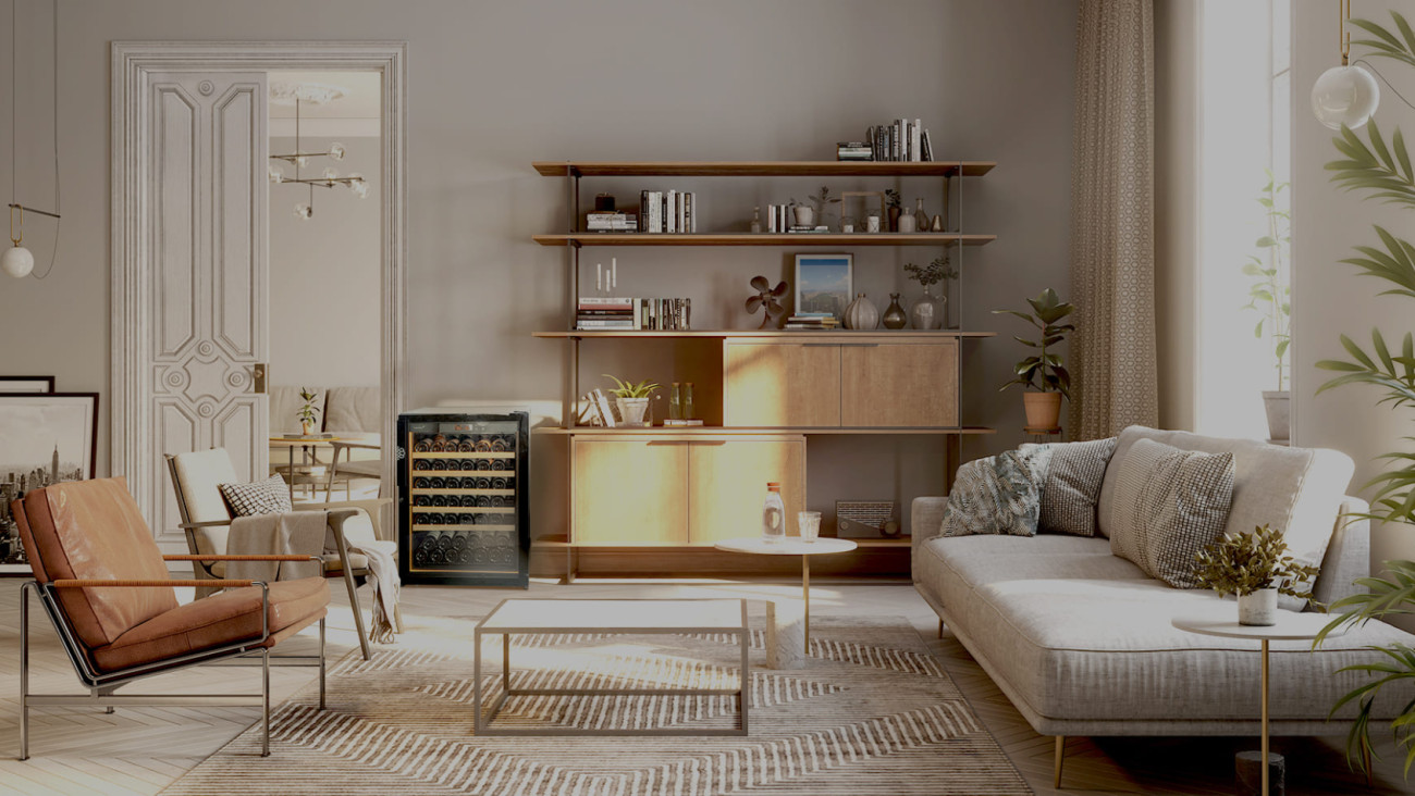 Petite cave à vin de vieillissement design, porte vitrée, aux finitions haut de gamme qui devient un objet de déco dans le salon. EuroCave Revelation