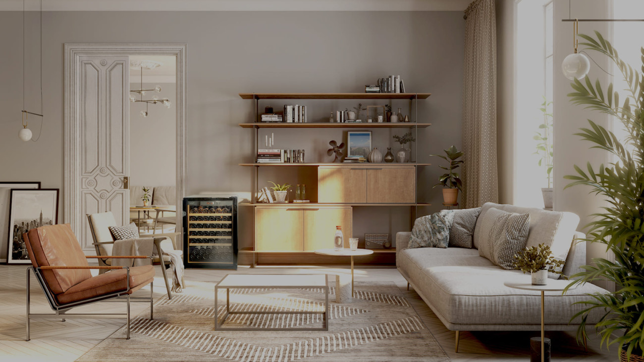 Kleiner Design-Weinklimaschrank mit Glastür und hochwertiger Verarbeitung, der zu einem dekorativen Objekt im Wohnzimmer wird. Revelation EuroCave