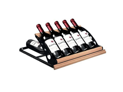 Sliding shelf for displaying wine bottles at the front and storage at the back.