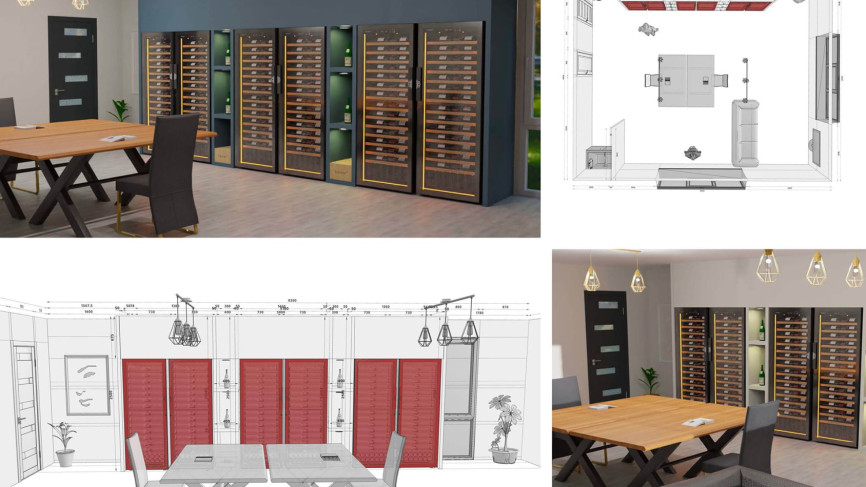 Realistic 3D rendering to better plan an interior design project when flush fitting a wine cabinet inside a custom piece of furniture.