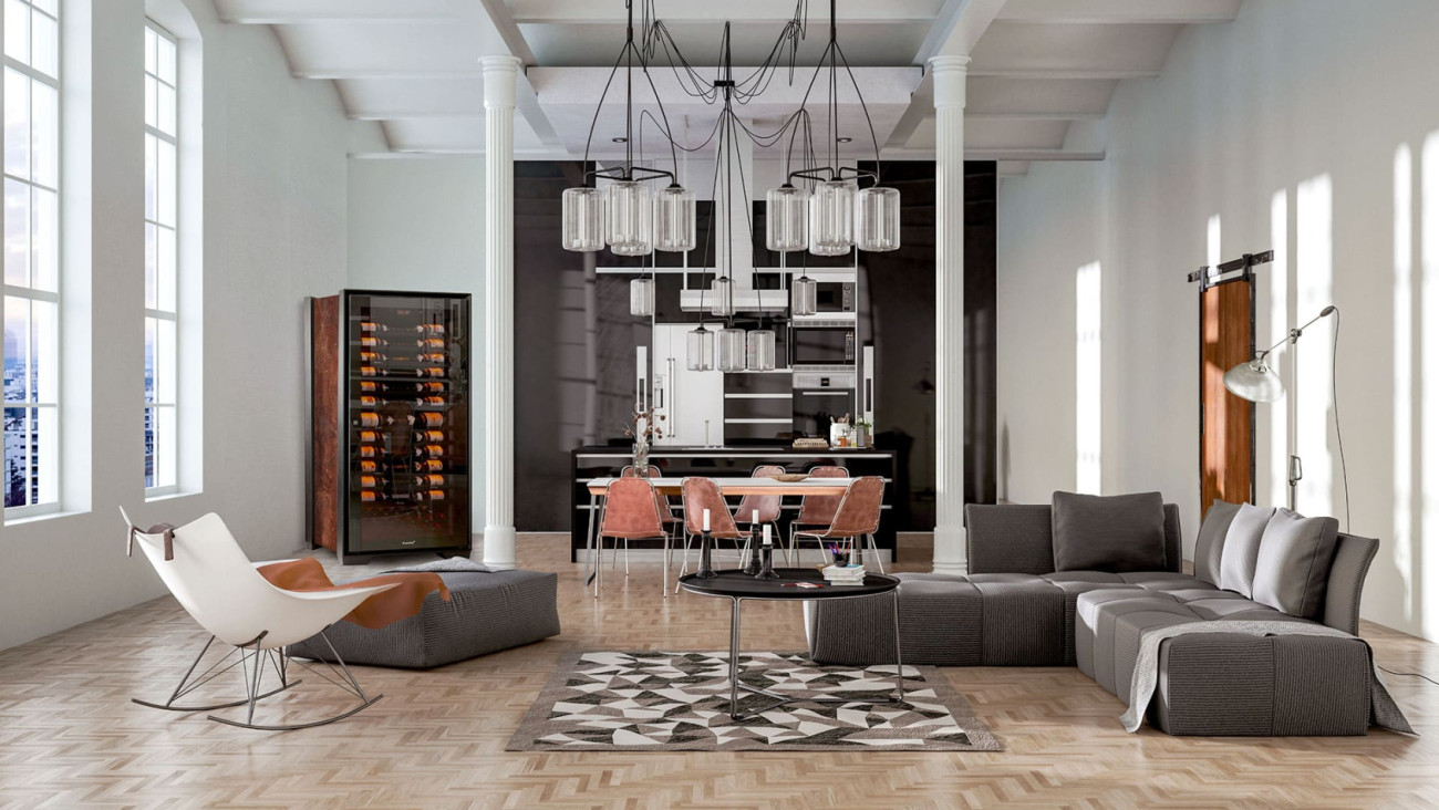 The best aging wine cabinet in the world installed in an apartment with character, modern plateau, with elegant designer furniture. - Royale EuroCave