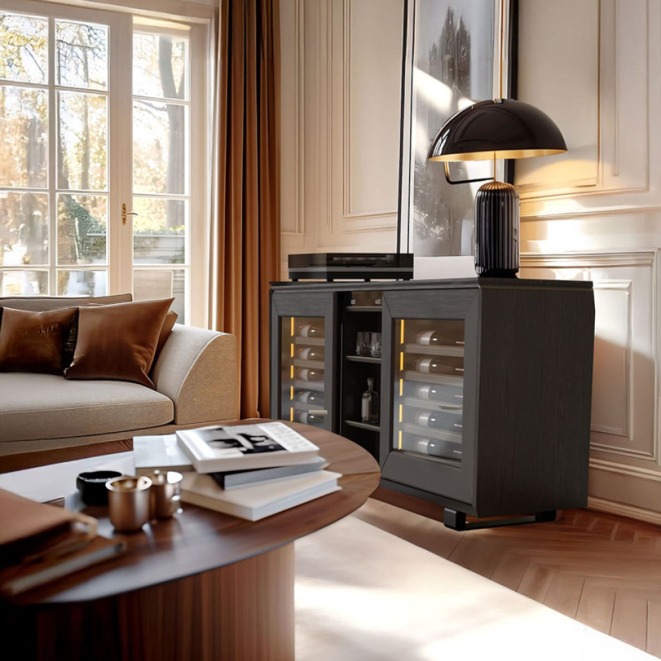 Glass-door wine cabinet with 2 integrated refrigerated wine cellar compartments for wine at tasting temperature that's always close at hand.