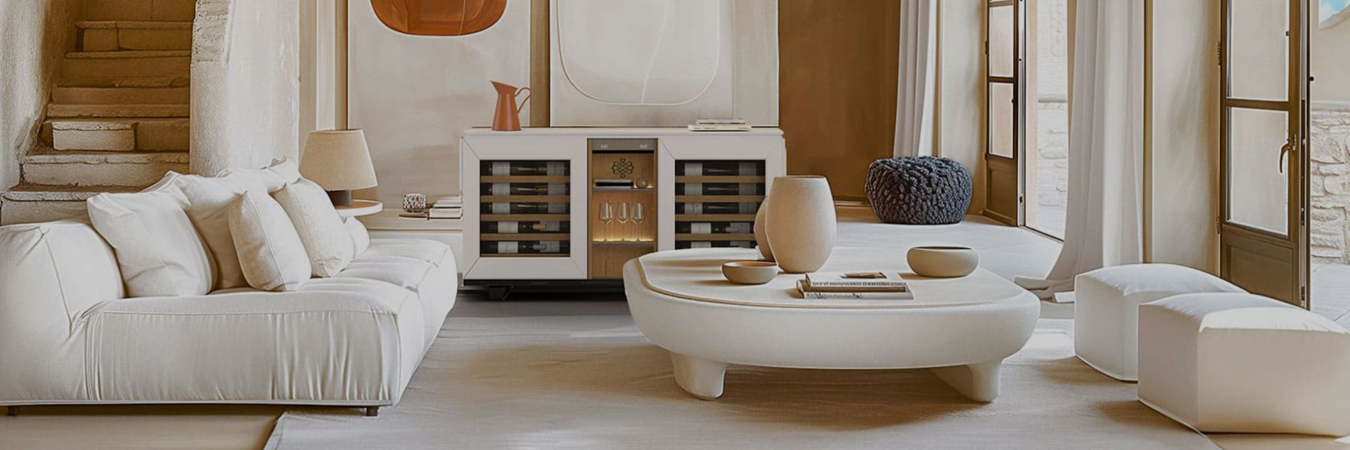 Verbinden Sie Luxus und Zweckmäßigkeit eines Weinmöbels in Ihrem Wohnzimmer. Entdecken Sie diese Kombination aus Buffet und elektrischem Weinkeller mit Servicefunktion, um Ihren Wein zu kühlen und zu chambrieren.