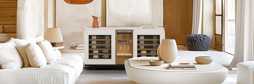 Meuble à vin en enfilade avec 2 compartiments cave à vin réfrigérés intégrés pour un vin à température de dégustation toujours à portée de main.