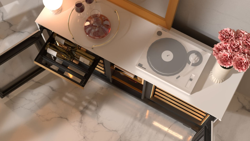 Designing your interior with a console, a low buffet, or a sideboard with an integrated wine fridge is a great decor idea and a practical solution for wine lovers.