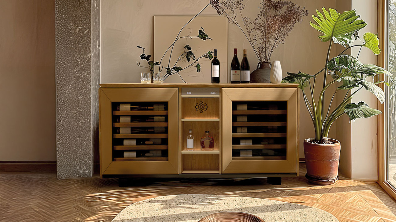 2-in-1 furniture, low buffet and wine cooler with 2 refrigerated compartments for wines always at the perfect temperature in the living room.