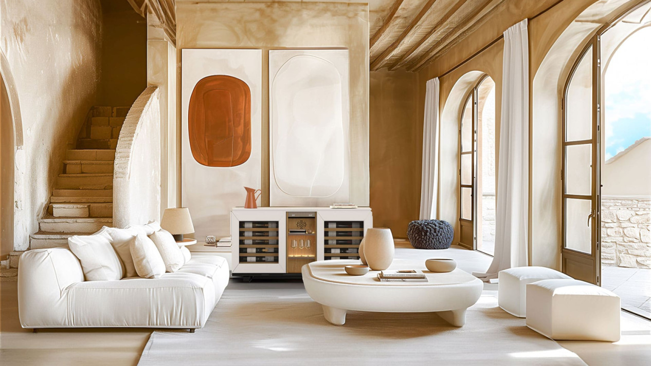 Harmonie wine cabinet sideboard, a unique piece of furniture that integrates a real serving wine cooler and blends in with all interior decorations thanks to its choice of colors.