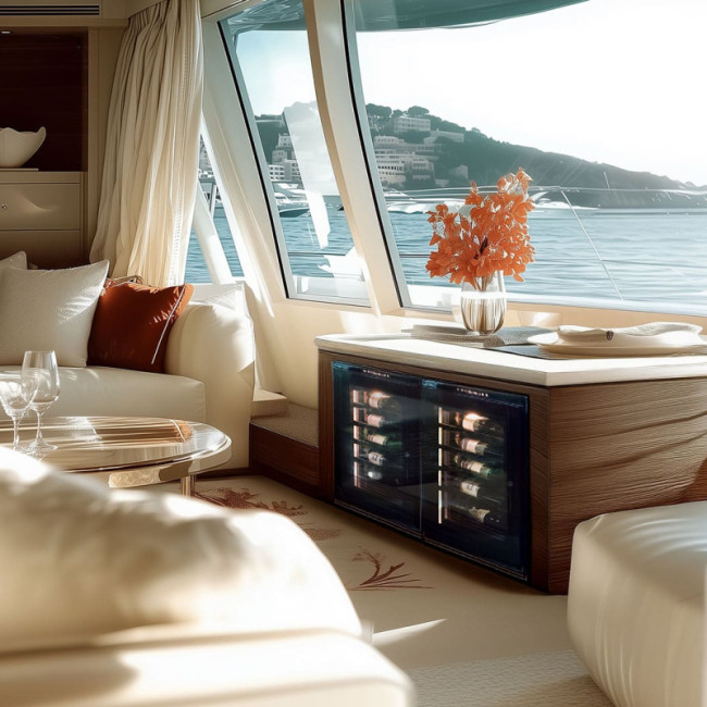EuroCave double wine fridge built into a cabinet aboard a luxury yacht, elegant design and optimal wine preservation.