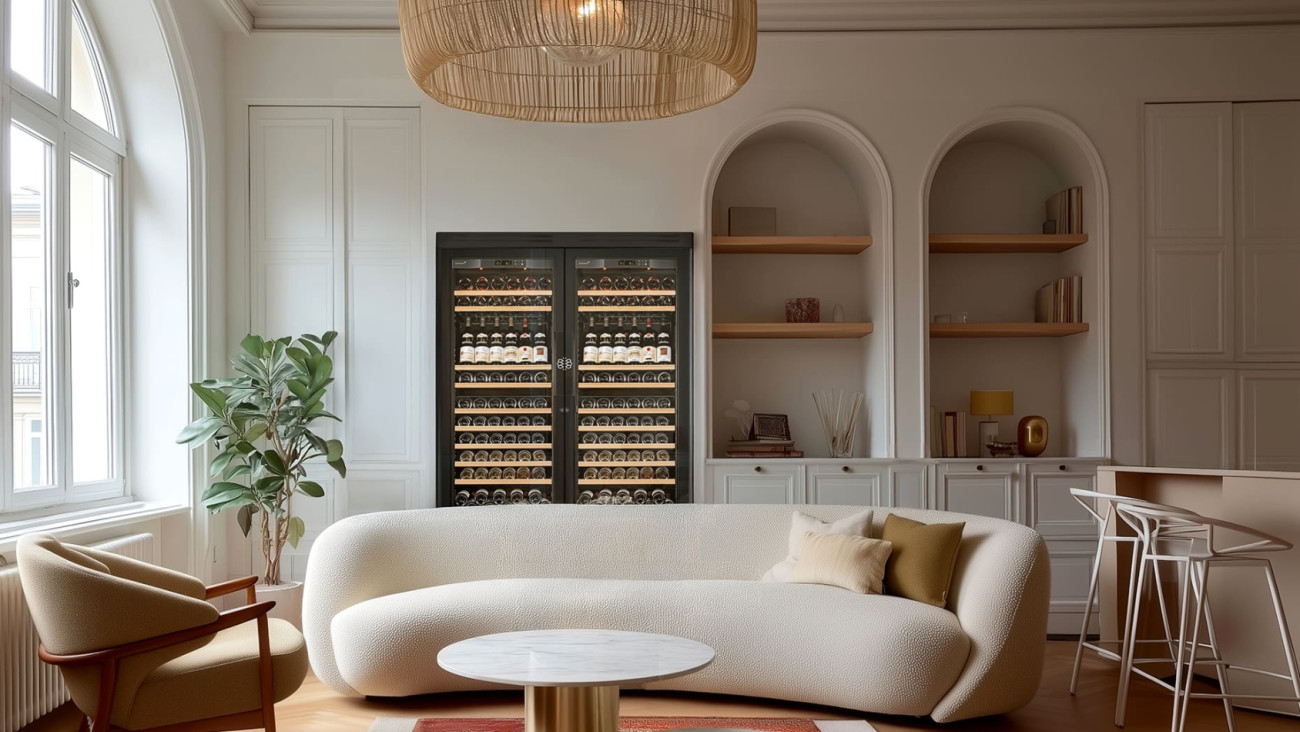 Double cave a vin de vieillissement design qui s'intègre parfaitement dans la décoration intérieure du salon avec sa porte totalement vitrée. - Pure EuroCave