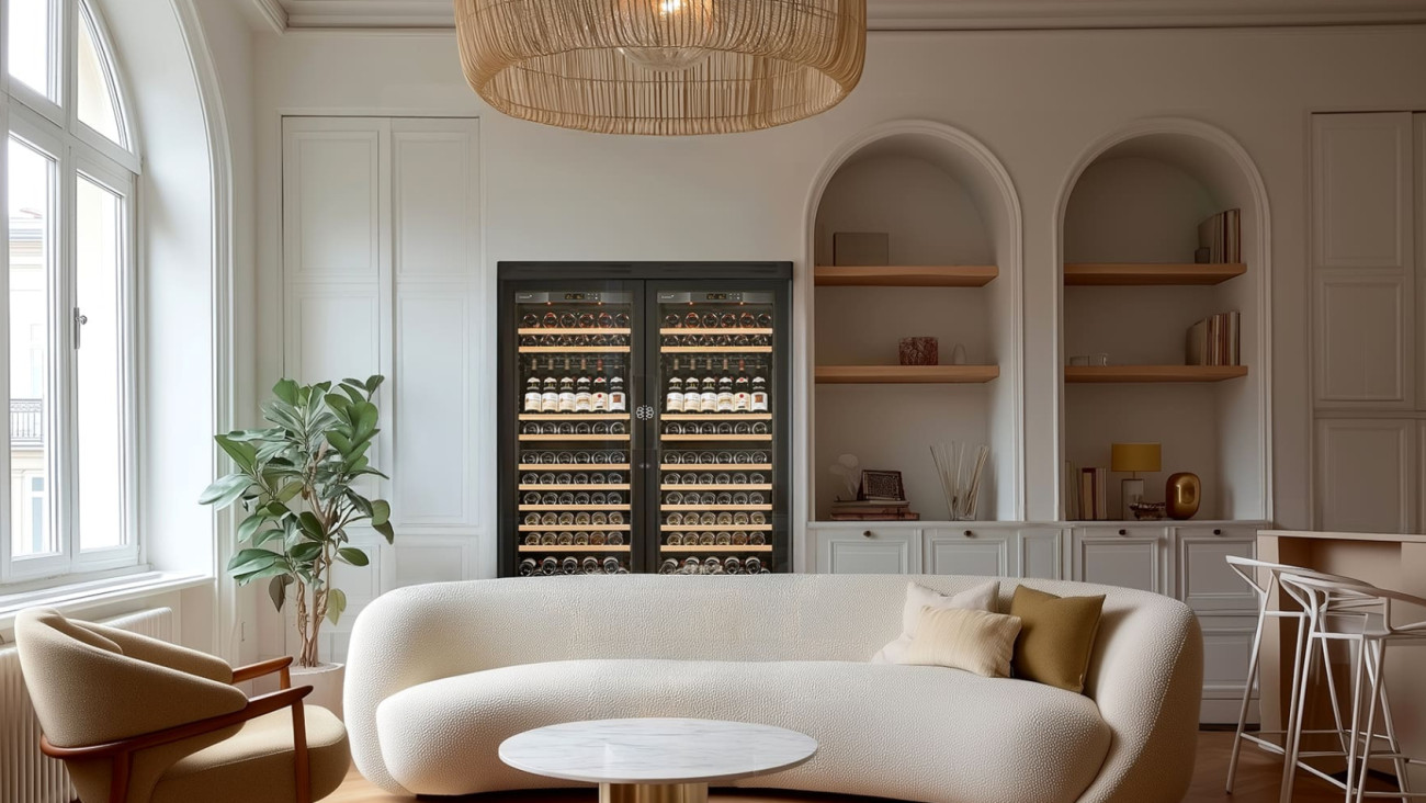 Double design aging wine cabinet in the living room which fits perfectly into the interior decoration with its fully glazed door. - EuroCave Pure