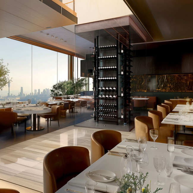 Interior architecture - Design of wine showcase. Photo: wine storage units installed around a pillar in the center of the restaurant dining room.