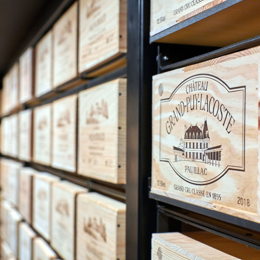 Large-scale cellar organization using EuroCave Modularack systems in a Bordeaux vineyard.
