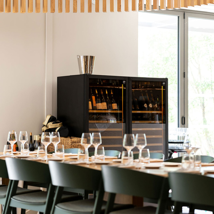 Wine bottle display in a luxurious professional setting at the Massane Resort - EuroCave Pure Wine coolers
