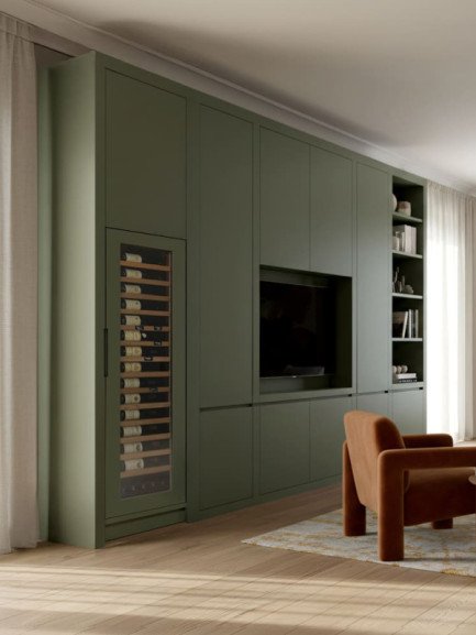 Large custom-built wine cooler unit in olive finish, designed in collaboration with an architect