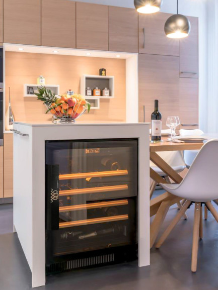 Small, compact wine fridge that fits easily and elegantly under a serving hatch. Glazed to enjoy its bottles of wine.